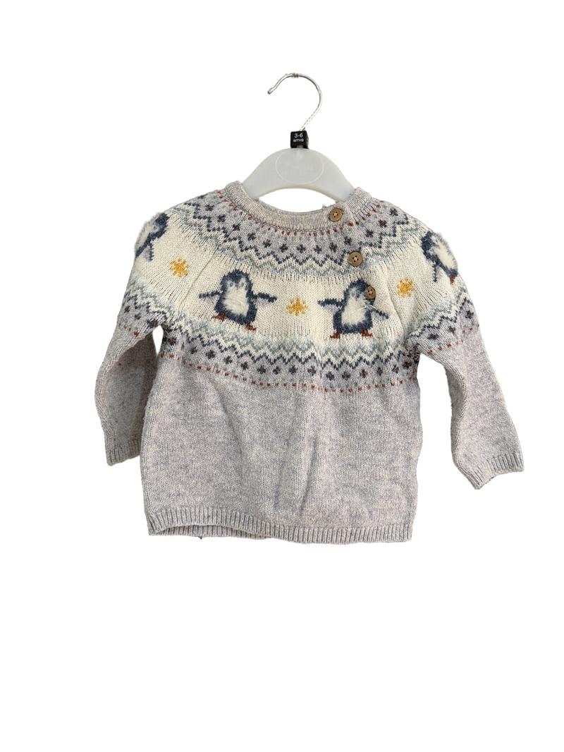 Preloved John Lewis - Grey Pattern Penguin Jumper. (3-6m)