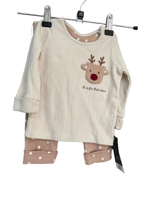 Preloved George - Cream/pink Lg Sleeve Shirt With Reindeer Pocket And Polka Dot Pants, NEW With Tags (3-6m)