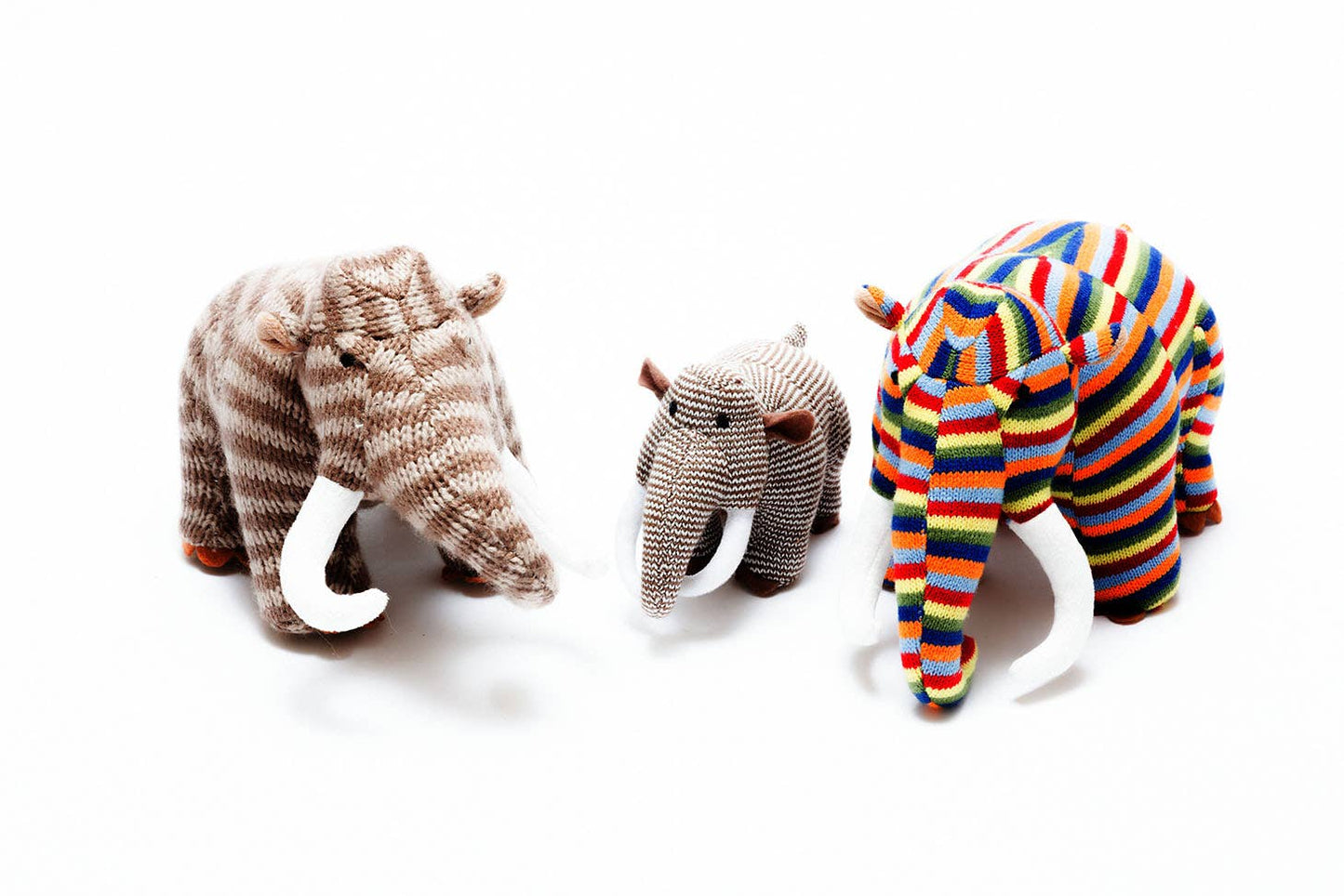 Dinosaur Baby Rattle, Knitted Woolly Mammoth Brown stripes