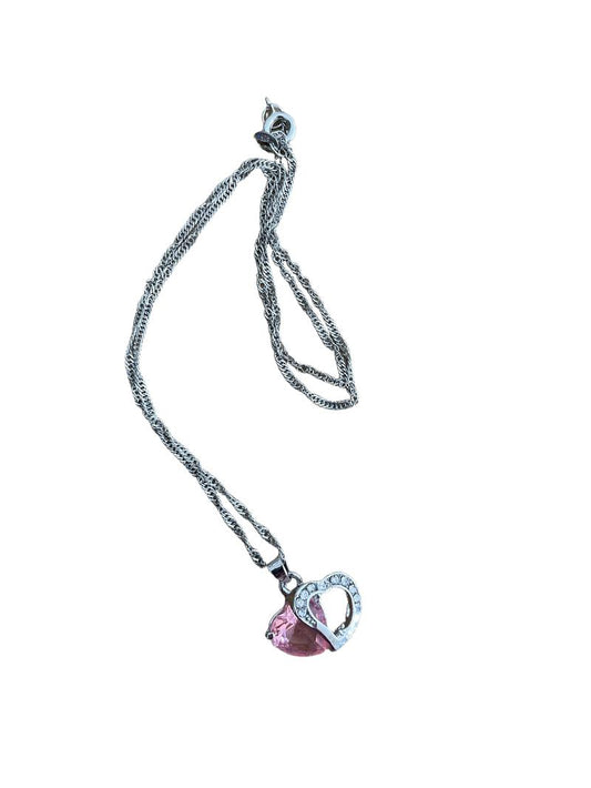 Preloved Unknown Brand - Pink Jewel Silver Heart Necklace