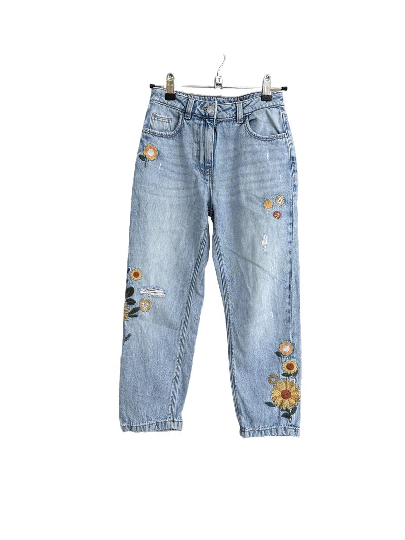 Preloved Next - Light Blue Ripped Knee/Distressed Jeans With Floral Embroidery. (9-10y)