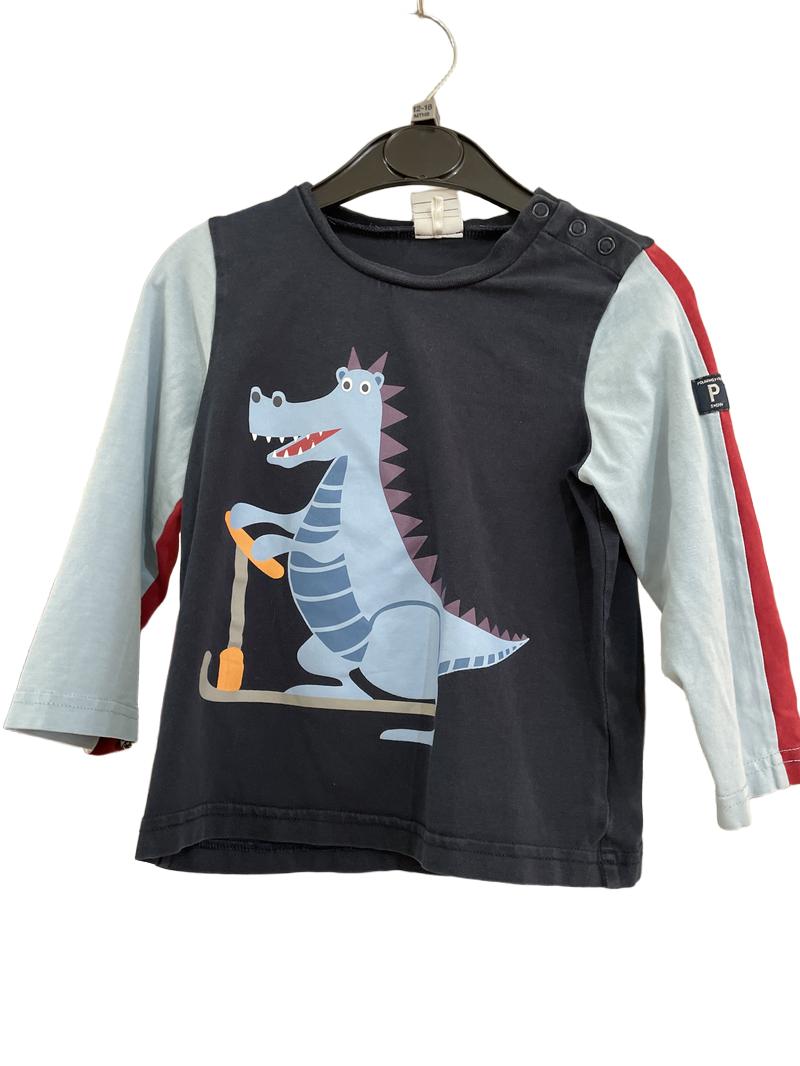 Preloved Polarn O. Pyret - Top - Navy Blue Red Long-sleeved Shirt With Dinosaur Scooter Graphic (12-18m)