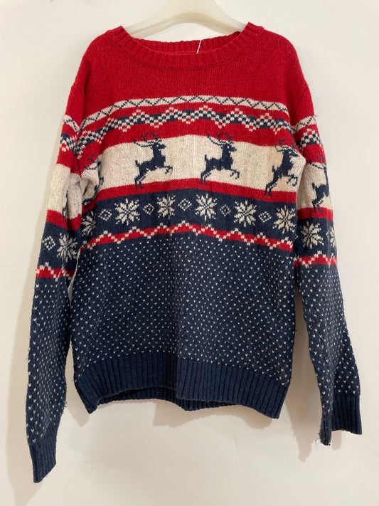 Preloved Fatface - Top - Red Navy White Fair Isle Moose Snowflake Jumper (8-9y)