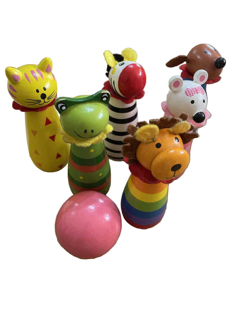 Preloved Toys - Wooden Animal Skittles, Set Of 6 Plus Ball - Unknown Brand