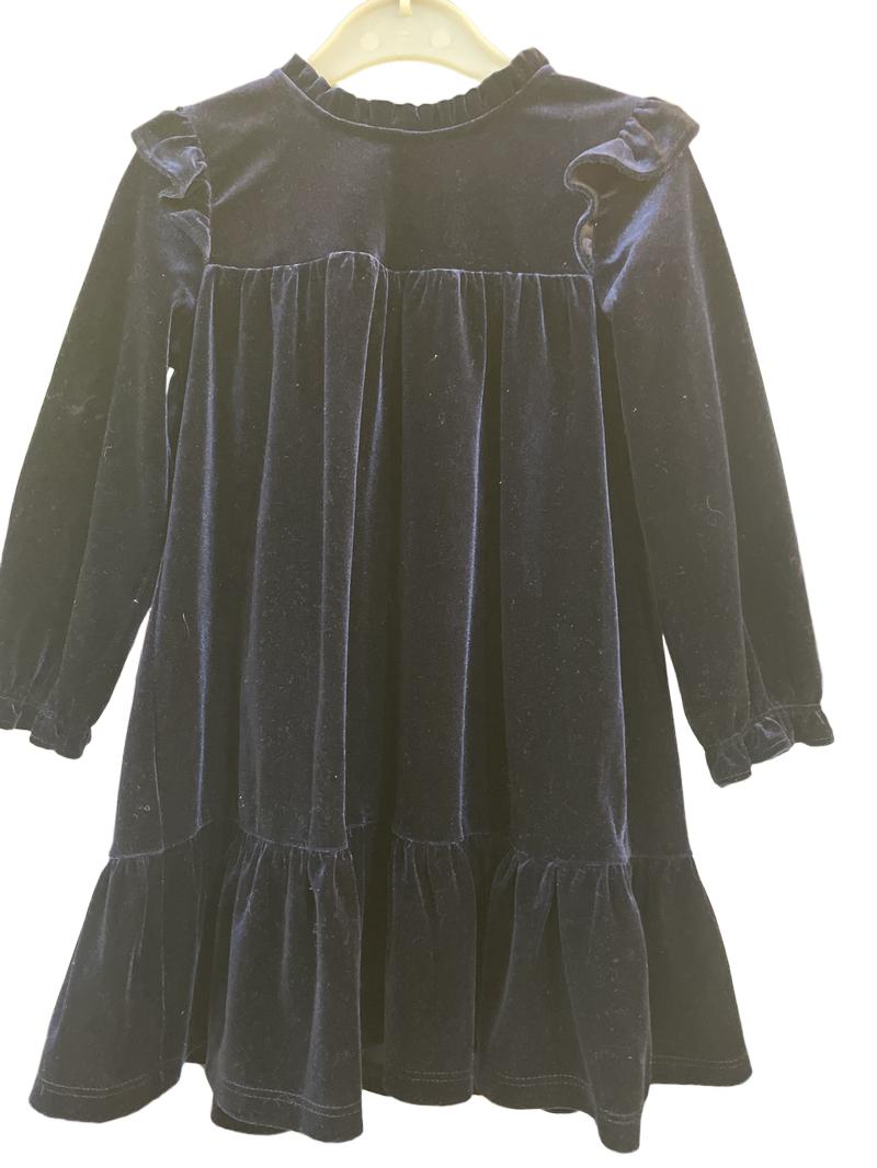 Preloved Matalan Retail Ltd - Navy Blue Velveteen Velour Ruffle Sleeve Dress (18-24m)