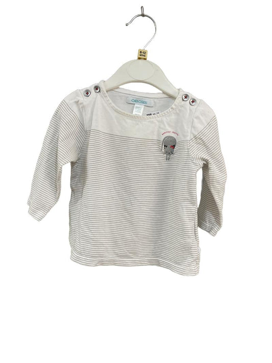 Preloved Obaibi - White Beige Stripe Cat Long-sleeved T Shirt (6-12m)