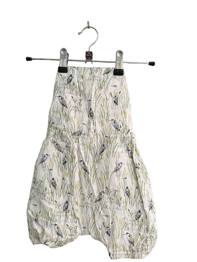 Preloved Unknown Brand - Cream Pond Birds Print Dungarees Romper (18-24m)