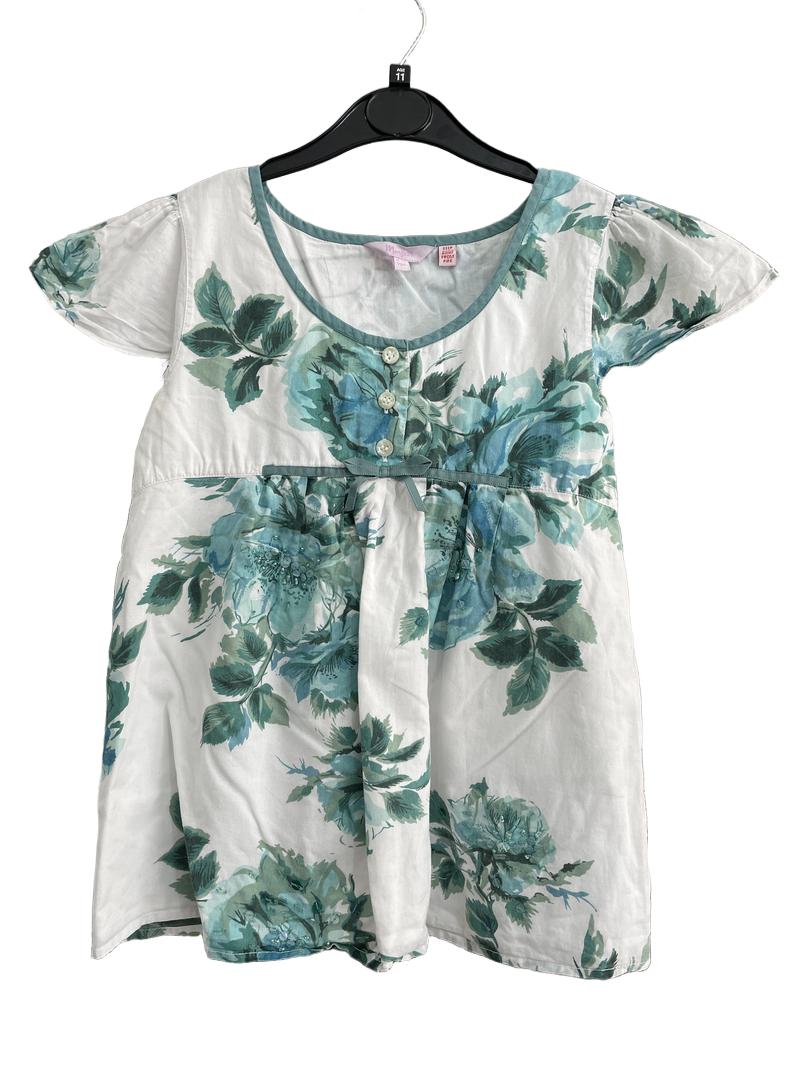 Preloved Monsoon - White Green Flutter Sleeve Top (11-12y)