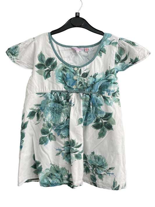 Preloved Monsoon - White Green Flutter Sleeve Top (11-12y)