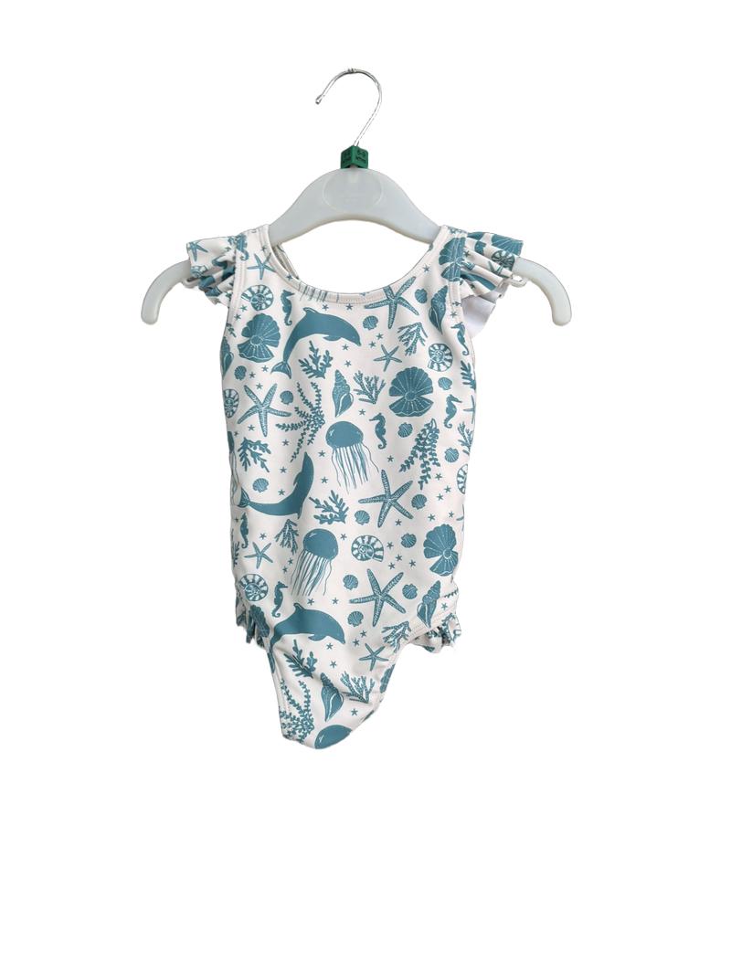 Preloved John Lewis - White Green Marine Animal One Piece Swimsuit (6-9m)