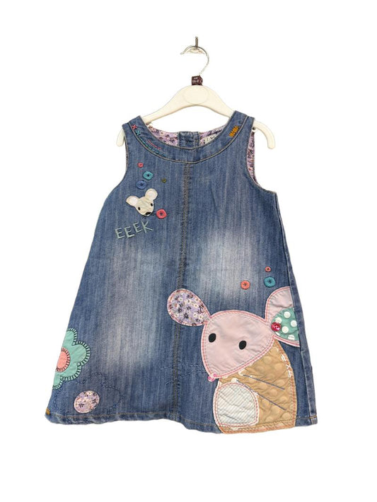 Preloved Next - Denim Mouse Flowers Applique Pinafore (18-24m)