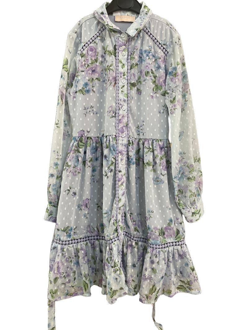 Preloved Lipsy London - Blue And Purple Floral Long-sleeved Dress. (9y, 9-10y)