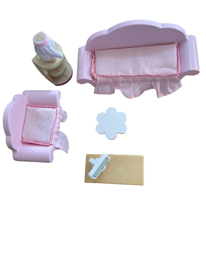 Preloved Toys - Wooden Dolls House Living Room Furniture. Pink. (Plastic Long Table) - Unknown Brand