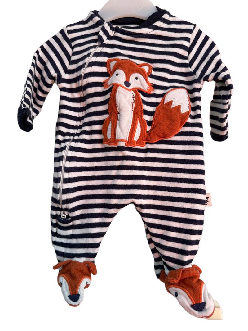 Preloved Jojo Maman Bebe - Navy White Stripe Fox Applique Sleepsuit (0-3m)