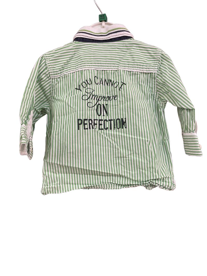 Preloved Next - Green Stripe Shirt, You Cannot Improve On Perfection Quote On Back. (6-9m)