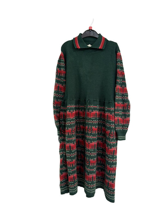 Preloved Clothkits Knitwear - Green Red Cat Pattern Knit Dress