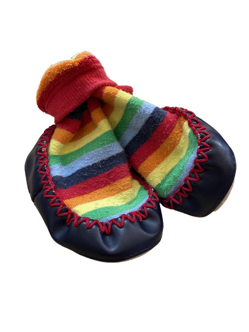 Preloved Jojo Maman Bebe - Rainbow Navy Booties Moccasin Slipper Socks (18-24m)