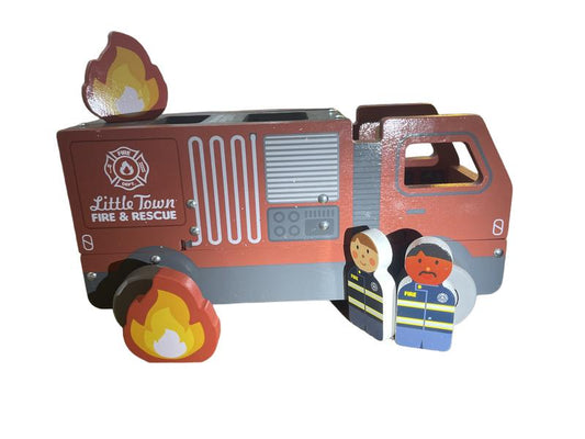 Preloved Toys - Wooden Fire Engine With Additional Parts (flames And People) - Little Town