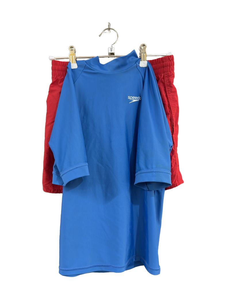 Preloved Speedo - Red Swim Trunks With Blue Short-sleeved Sun Protection Shirt (9-10y)