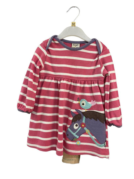 Preloved Frugi - Pink White Stripe Horse Applique Long-sleeved Dress (6-12m)