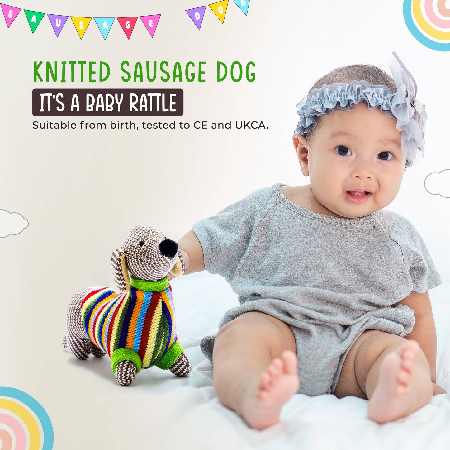 Sausage Dog Baby Rattle with Rainbow Stripe Jumper Knitted