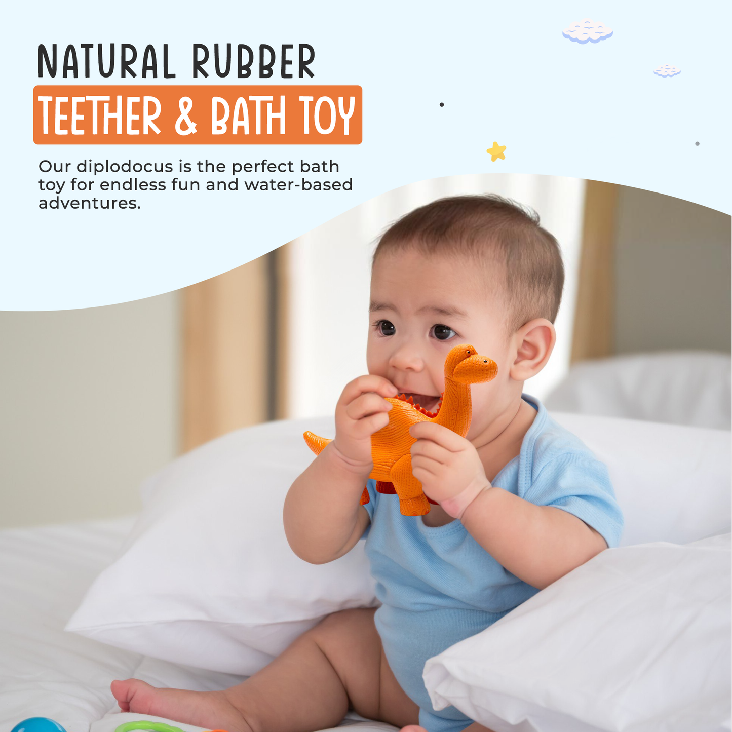 Dinosaur Toy, Bath Toy and Teether Rubber Orange Diplodocus