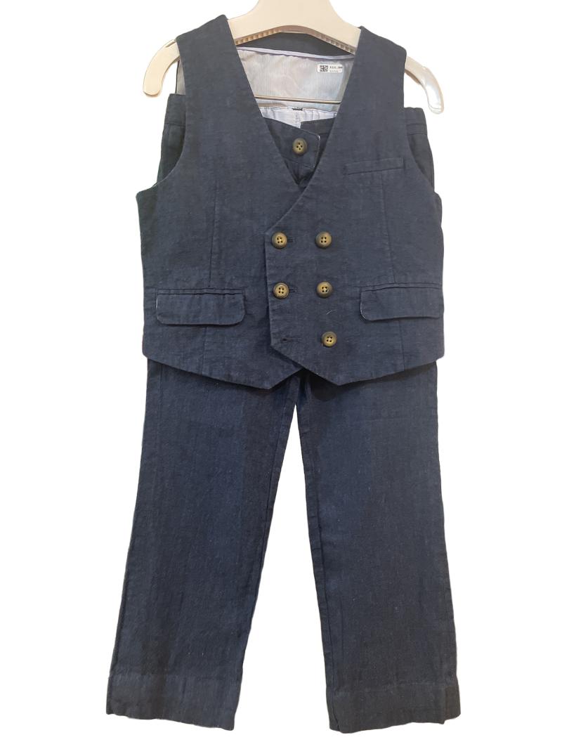 Preloved Red Fox - Navy Trousers, Shirt, And Waistcoat Vest Set, Flax And Cotton (4-5y)