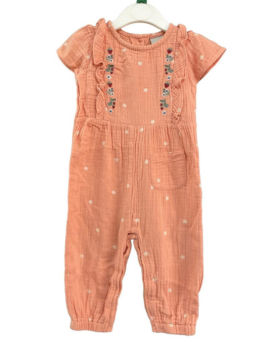 Preloved John Lewis - Orange Floral Strawberry Embroidery Short-sleeved Jumpsuit (6-9m)