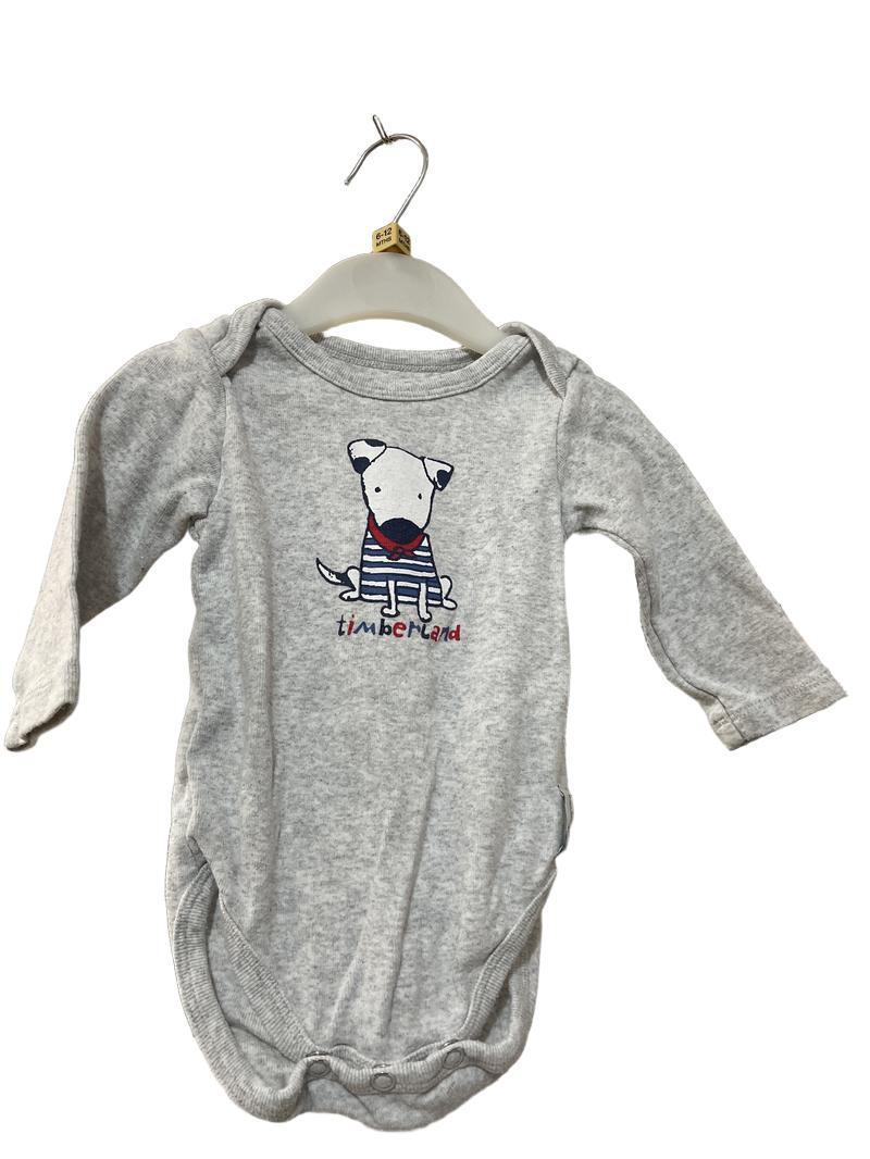 Preloved Timberland - Top - Gray Heather Long-sleeved Bodysuit With Red White Blue Dog Graphic (6-12m)