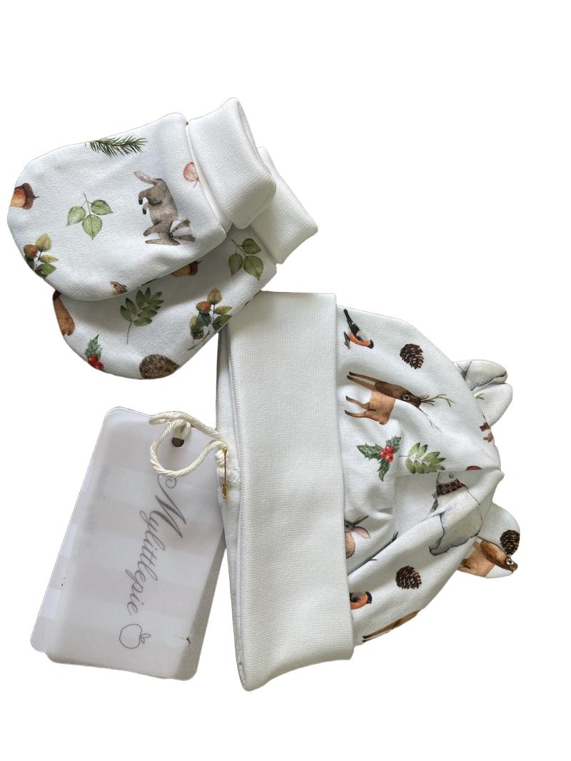 Preloved My Little Pie - Newborn Hat And Mitts Set - Forest Animal Print, NEW In Packaging (0-3m)