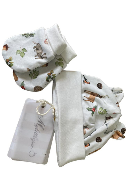 Preloved My Little Pie - Newborn Hat And Mitts Set - Forest Animal Print, NEW In Packaging (0-3m)