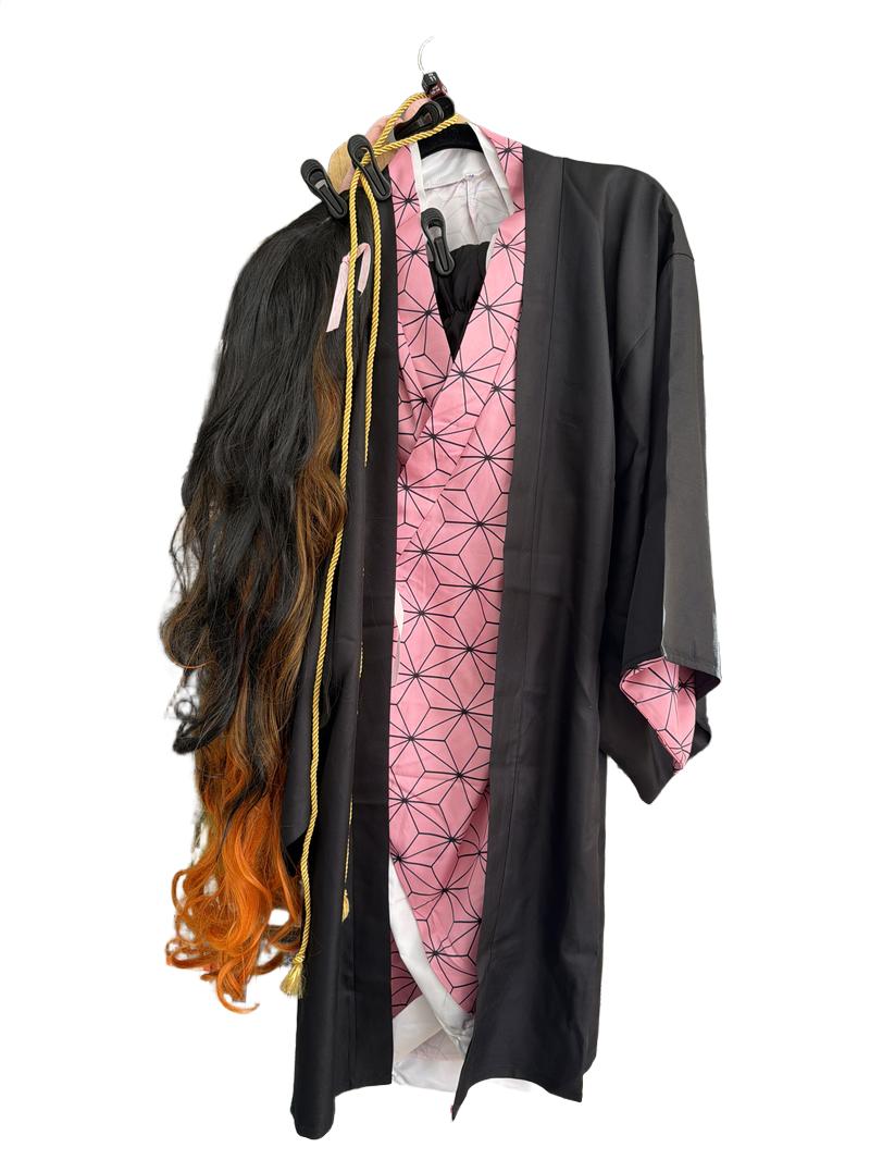 Preloved Unknown Brand - Demon Slayer Kamado Nezuko Costume (pink And Black Kimono, Belt, Tie, Shoes, Wig, And Leg Warmers), Size Small (11-12y, 12-13y, 13-14y)
