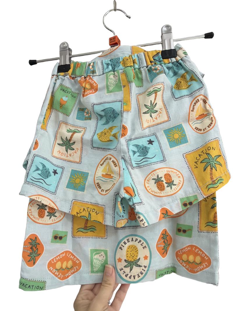Preloved H&M - Vacation Print Light Weight Shorts And Button Down Shirt Outfit (9-12m)