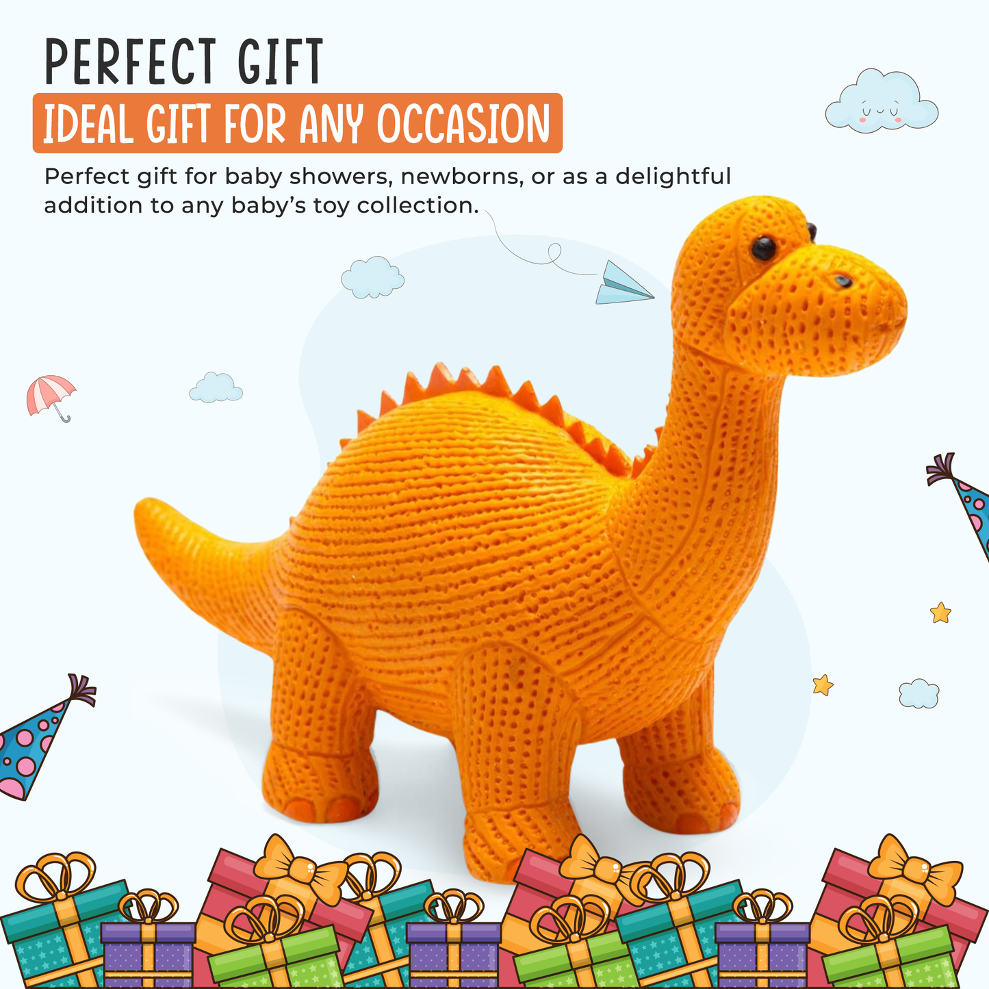 Dinosaur Toy, Bath Toy and Teether Rubber Orange Diplodocus