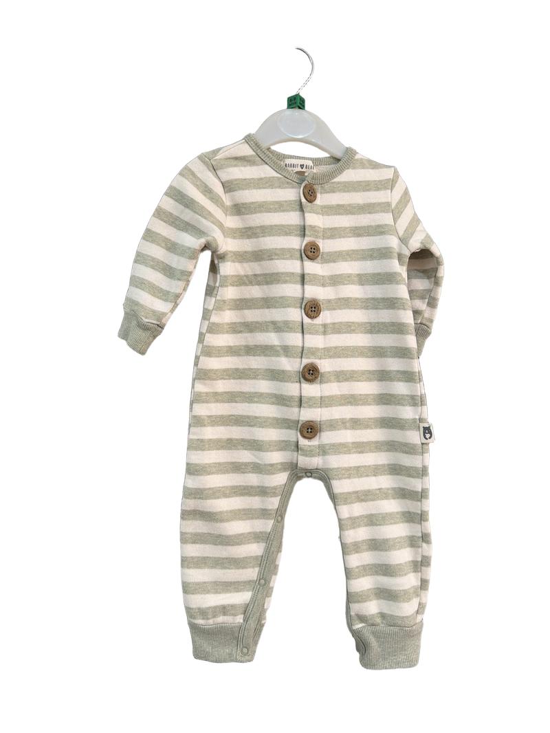 Preloved Rabbit Bear Organic - Green White Stripe Long-sleeved Sleepsuit (6-9m)