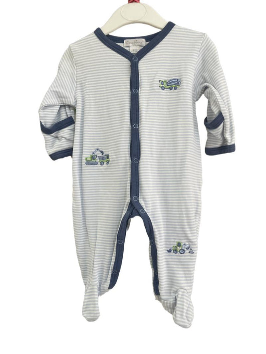 Preloved Kissy Kissy - Blue Stripe Sleepsuit With Embroidered Vehicles. (0-3m)