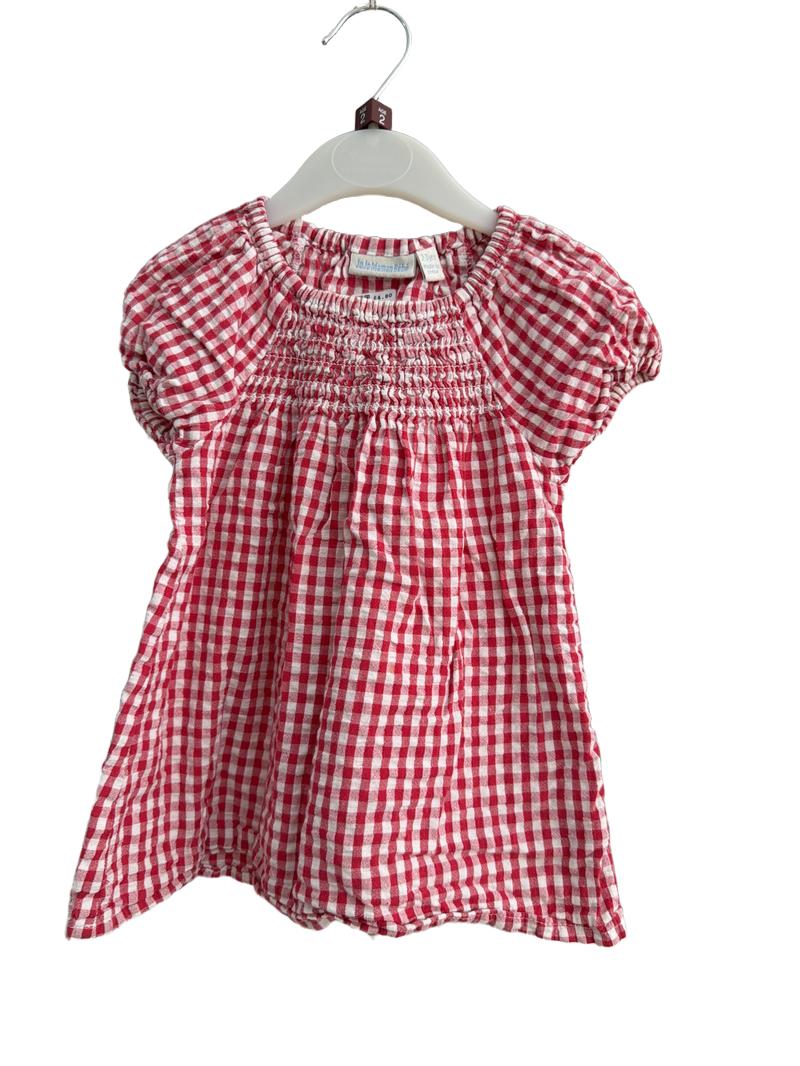Preloved Jojo Maman Bebe - Red White Check Gingham Smocked Short-sleeved Shirt (2-3y)