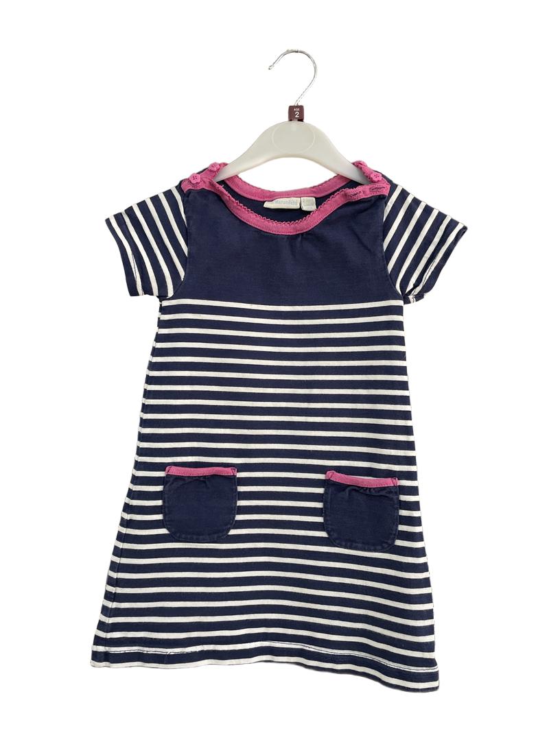 Preloved Jojo Maman Bebe - Blue White Stripe Pink Short-sleeved Dress (2-3y)