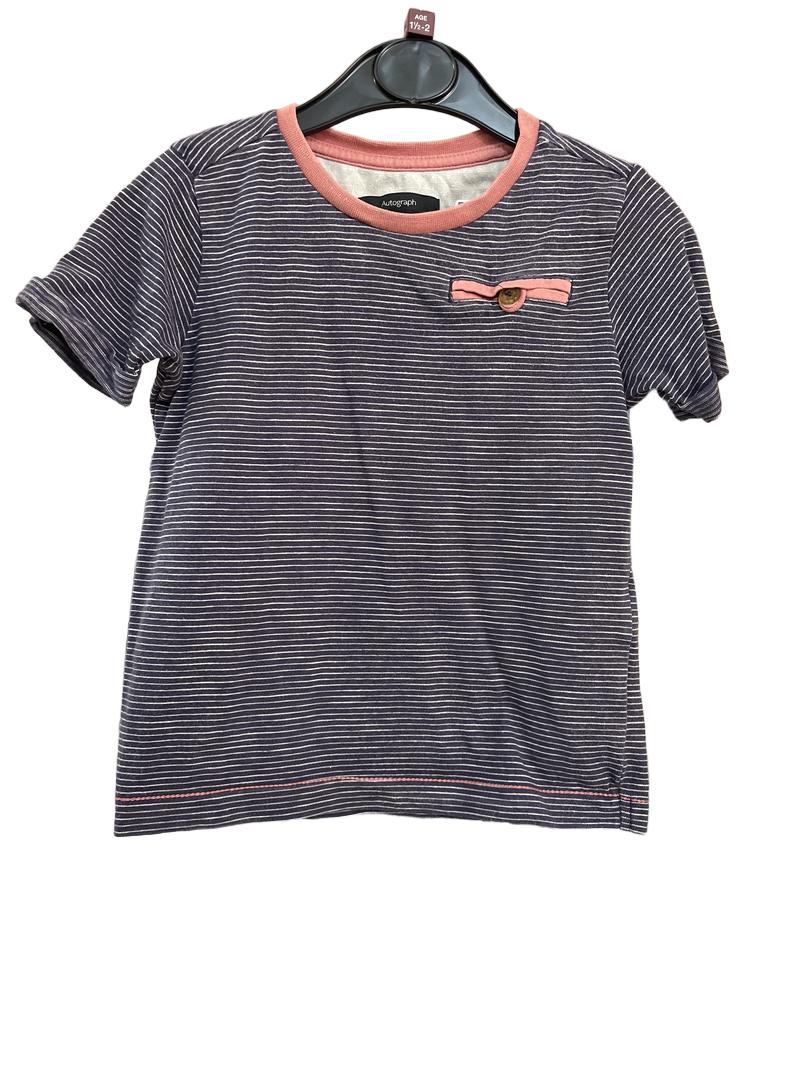 Preloved Autograph - Navy White Stripe T Shirt With Pink Trim (18-24m)