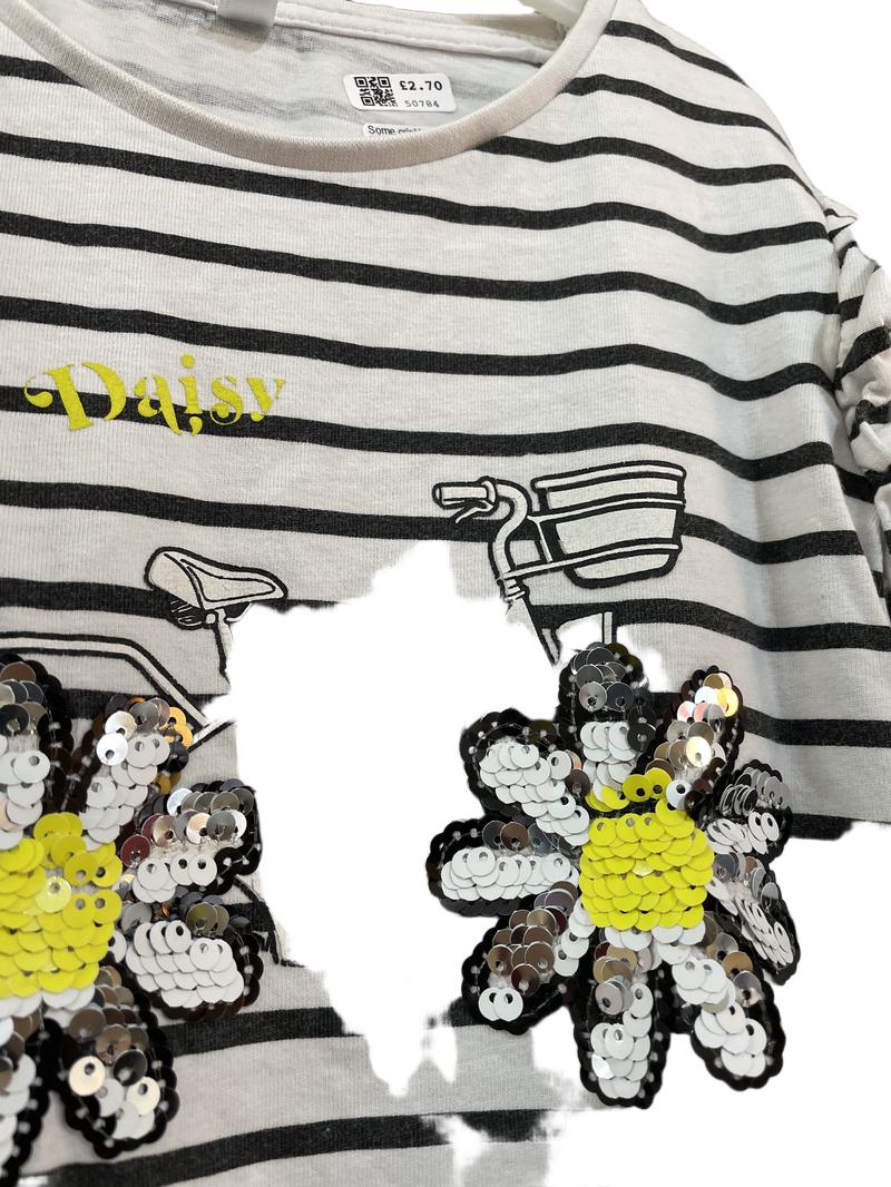 Preloved Idexe - White Navy Stripe Bicycle Sequin Daisy Long-sleeved T Shirt (5-6y)