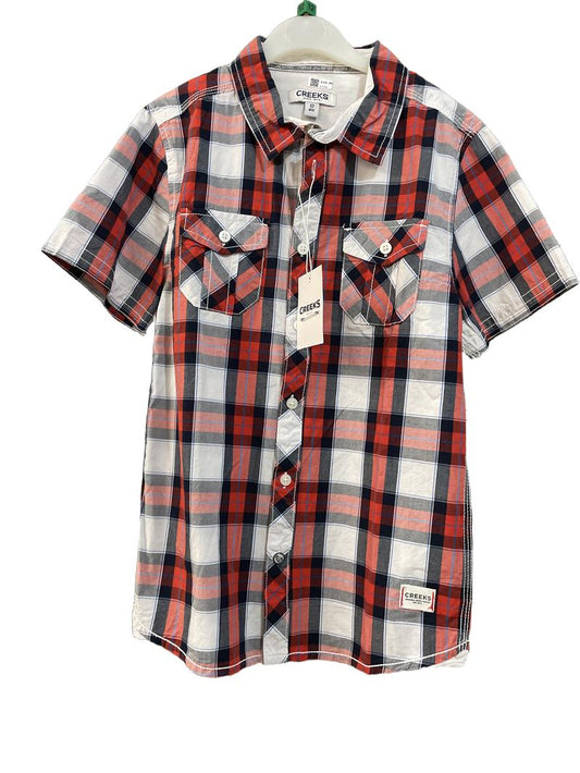 Preloved Creeks - Top - Red Navy White Plaid Check Button Up Collar Short-sleeved Shirt, NEW With Tags (12-13y)