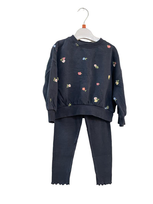 Preloved John Lewis - Navy Flower Applique Sweatshirt With Matching Ribbed Leggings (4-5y)