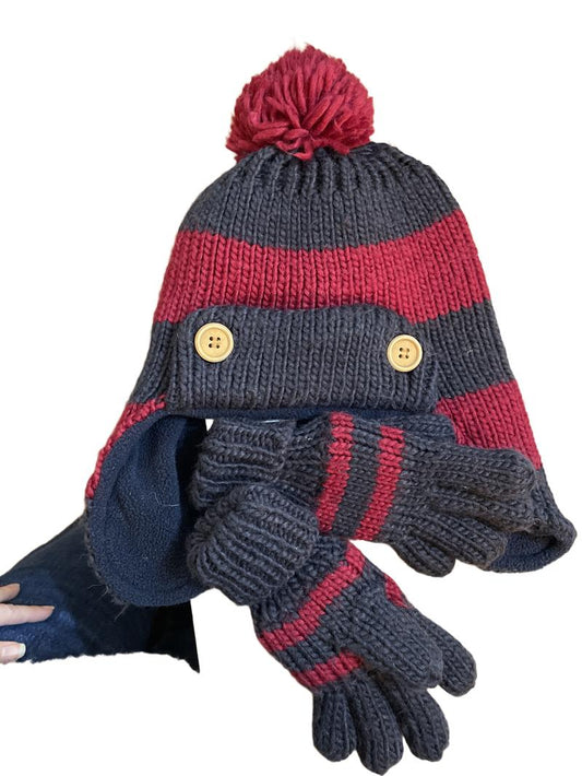 Preloved Marks & Spencer - Navy Cranberry Knit Hat And Mittens Set (3-4y, 4-5y, 5-6y)