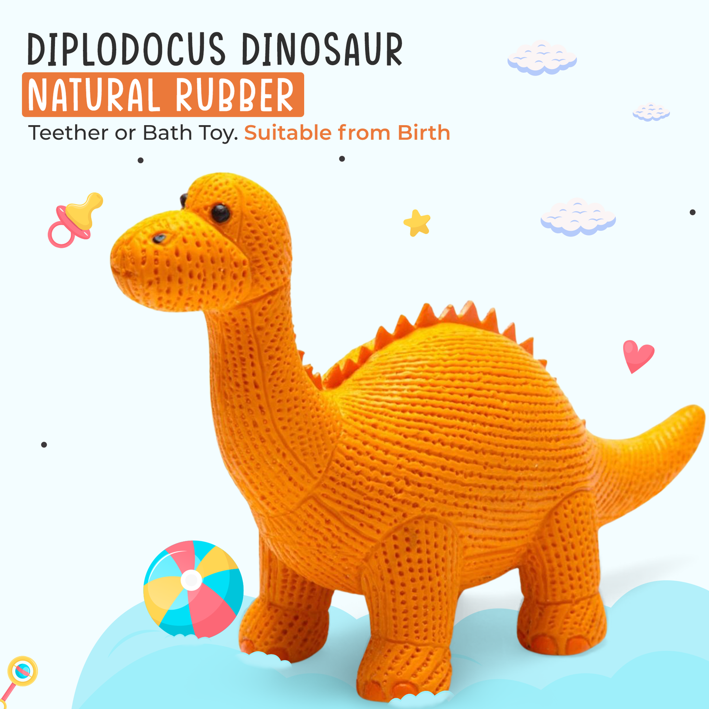 Dinosaur Toy, Bath Toy and Teether Rubber Orange Diplodocus