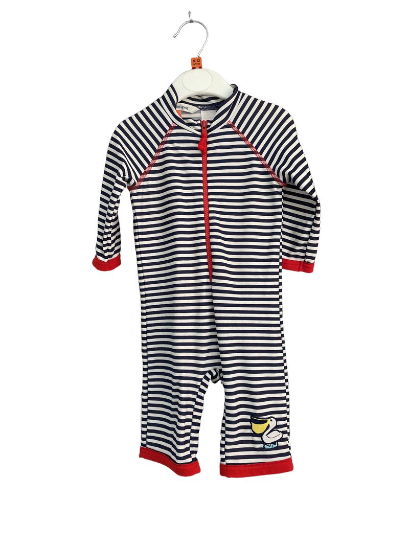 Preloved John Lewis - Navy White Stripe Long-sleeved Swim Suit (9-12m)