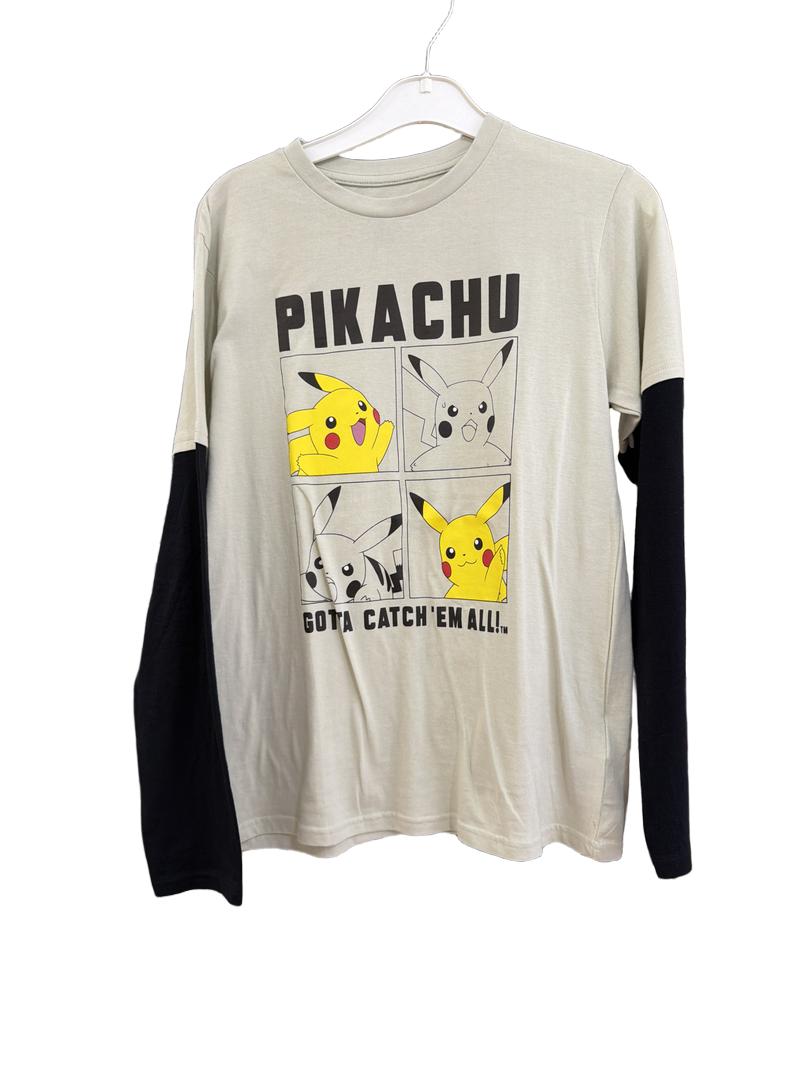 Preloved Fashion UK - Beige Pikachu Mock Sleeve T Shirt (13-14y)
