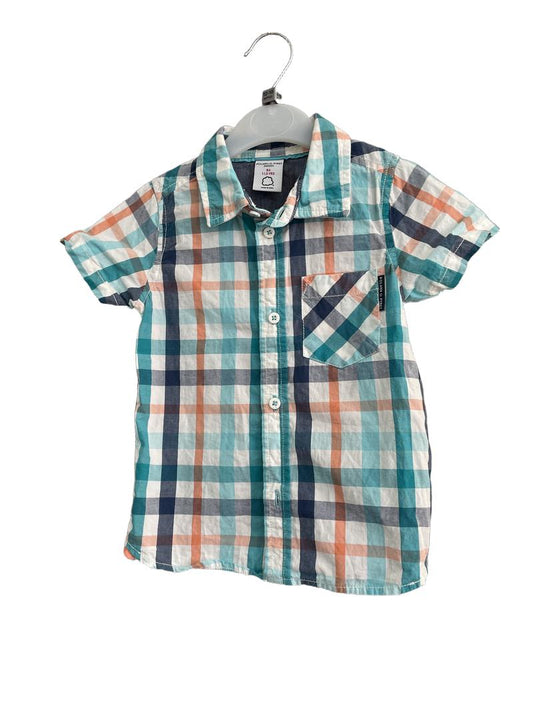 Preloved Polarn O. Pyret - Teal Navy Orange Plaid Check Button Down Short-sleeved Shirt (12-18m) - Top