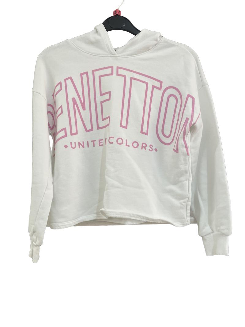 Preloved United Colors Of Benetton - White Hoodie With Pink Benetton United Colors Writing  (10-11y)