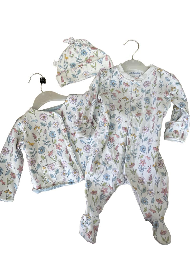 Preloved Jojo Maman Bebe - White Floral Matching Onesie, Jacket, And Hat (3-6m)