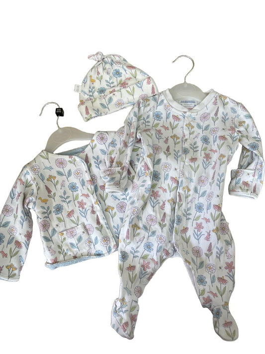 Preloved Jojo Maman Bebe - White Floral Matching Onesie, Jacket, And Hat (3-6m)